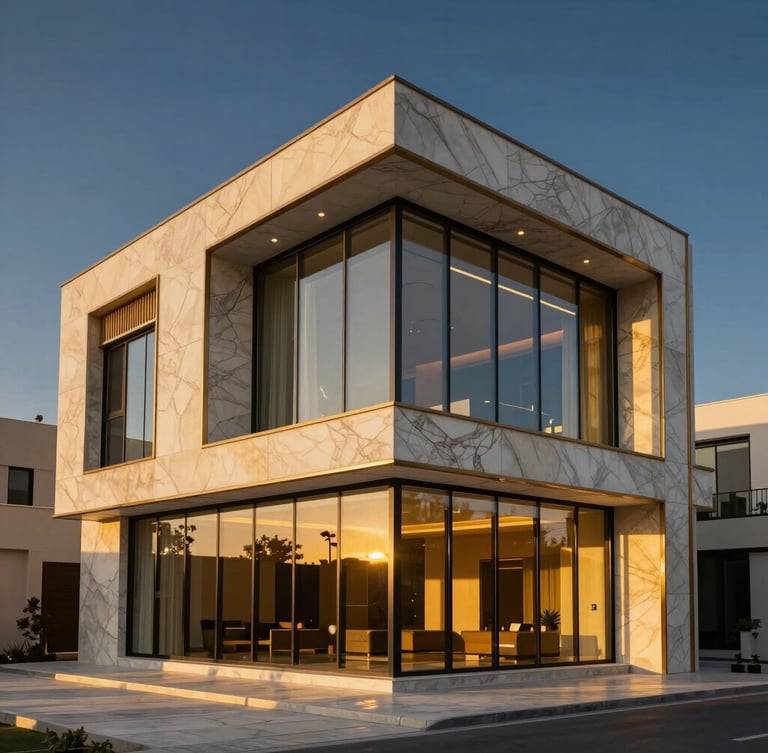 Striking modern luxury villa exterior in Riyadh at twilight, golden-hour light reflecting off expansive glass facades and sleek marble surfaces, editorial architectural photography.