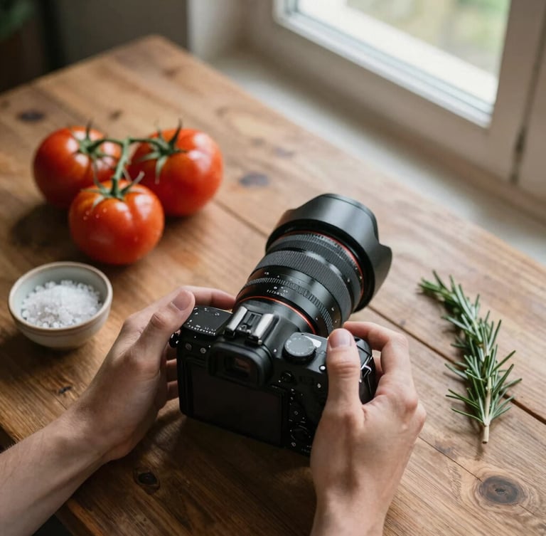 A close-up, top-down shot of hands gently adjusting a professional camera rig over a rustic wooden table. On the table, fresh heirloom tomatoes, a ceramic bowl of sea salt, and a sprig of rosemary sit in soft, natural daylight from a north-facing window.
