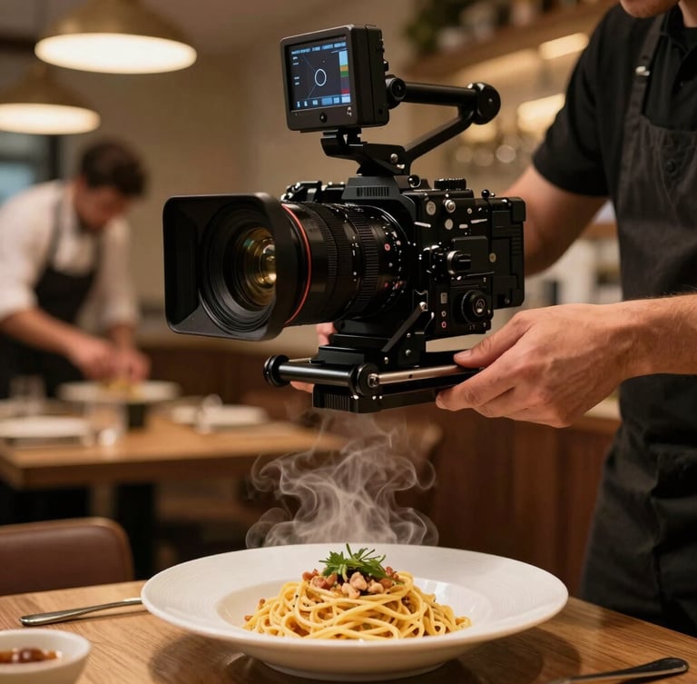 Vertical portrait framing, warm interior restaurant glow. Hands adjusting a heavy camera rig over a steaming plate of handmade pasta, chef working in the soft-focus background.