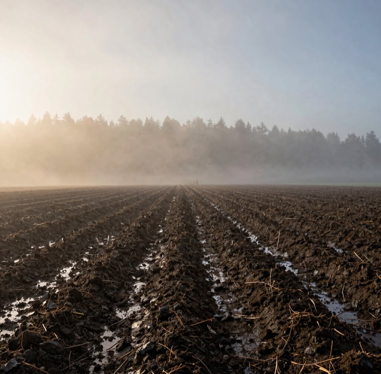 A wide environmental shot of a misty morning Pacific Northwest farm field, soft golden light breaking through low fog, wet soil texture in the foreground, cinematic 21:9 feel