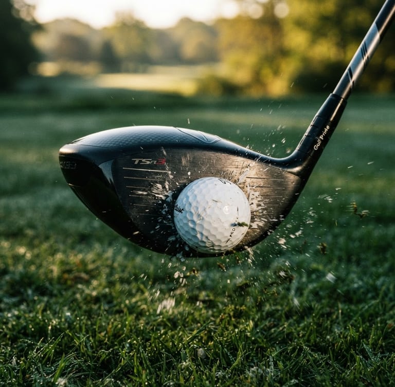 Extreme close-up of a high-end driver head impacting a golf ball, high-contrast studio lighting, crisp details, 35mm photography