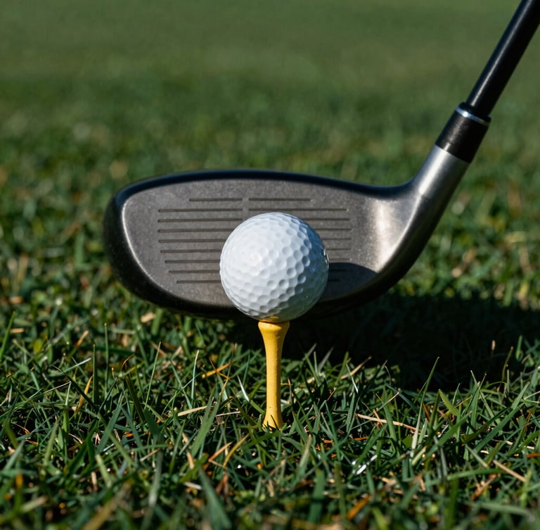 Extreme close-up of a premium golf club head striking a ball on a tee, high-contrast studio lighting highlighting equipment texture, deep green tones, 35mm