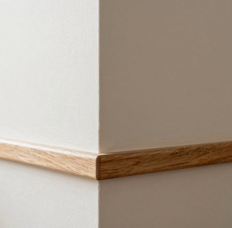 Architectural detail of a freshly painted wall meeting a natural wood baseboard, bright natural light, crisp lines, warm neutral tones, 35mm lens