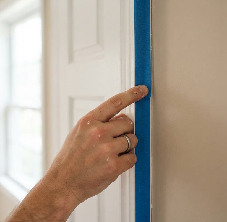 Close-up of a painter's hand carefully taping off trim with blue painter's tape, bright natural light, clean architectural photography, warm neutral tones, sharp focus, 35mm lens