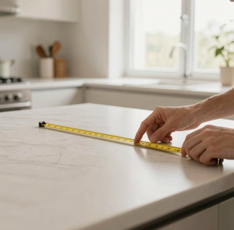 Close-up of hands measuring a countertop in a bright, modern kitchen, emphasizing precision and detail. Natural daylight, warm neutral tones, sharp focus, 35mm lens.