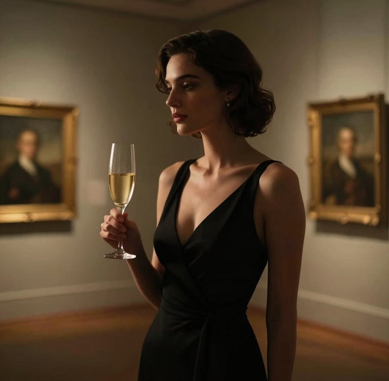 Cinematic portrait of an elegant woman in a tailored black evening dress, captured in low-key chiaroscuro lighting inside a dimly lit London art gallery. Her face is partially turned away in soft shadow, holding a champagne flute, warm ambient gold accents in the background, 35mm film grain.