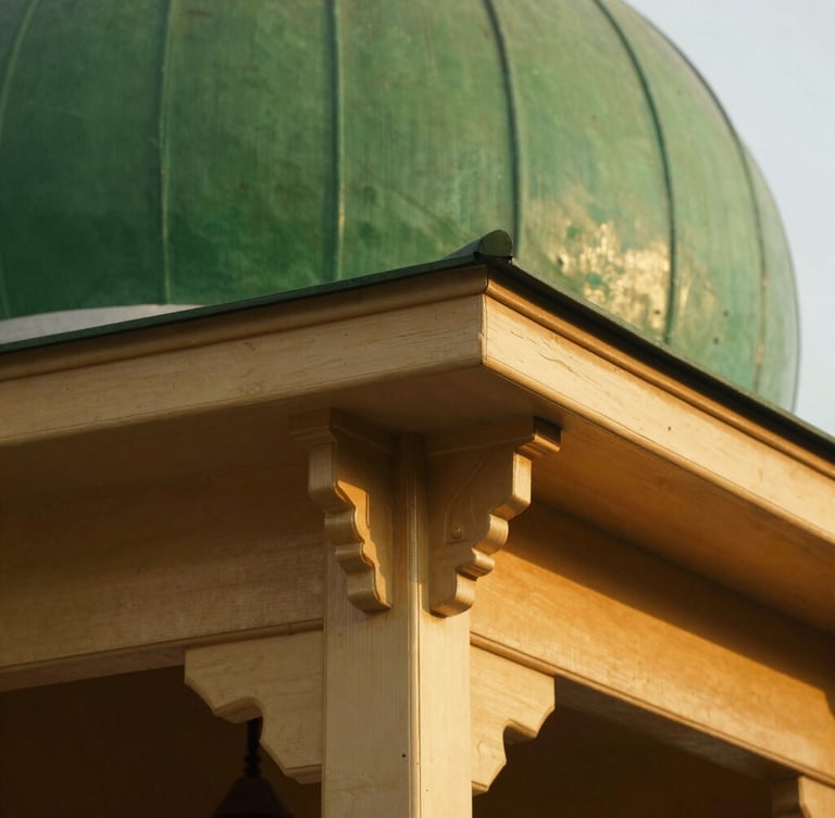 Close-up of wooden architectural details of an Indonesian mosque, warm golden hour light, soft focus, rich textures