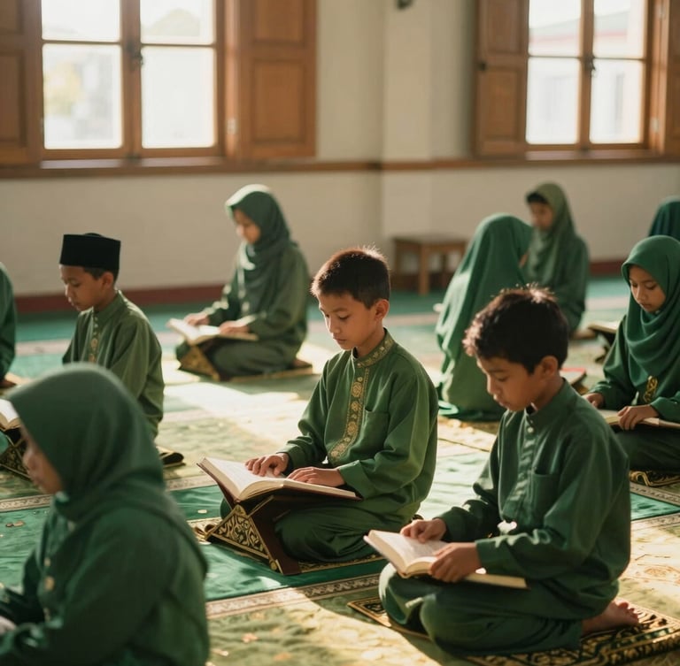 Ustadz membimbing anak-anak mengaji Al-Qur'an di dalam masjid dengan cahaya sore alami yang hangat dari jendela kayu, warna hijau dan emas lembut.