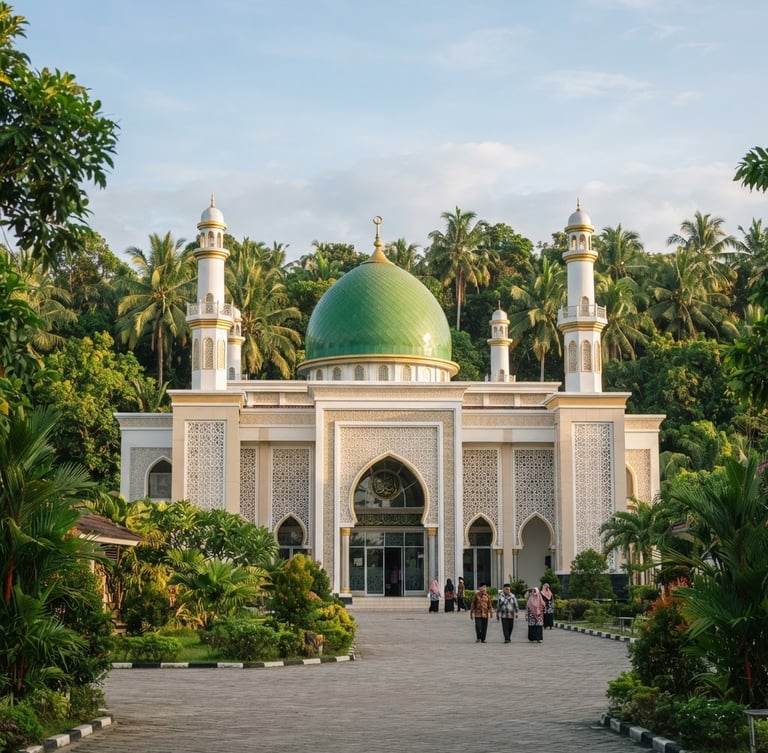 Wide-angle exterior of a beautiful modern mosque with green dome and gold accents in West Kalimantan, soft morning sunlight, lush tropical trees in the background, 35mm lens