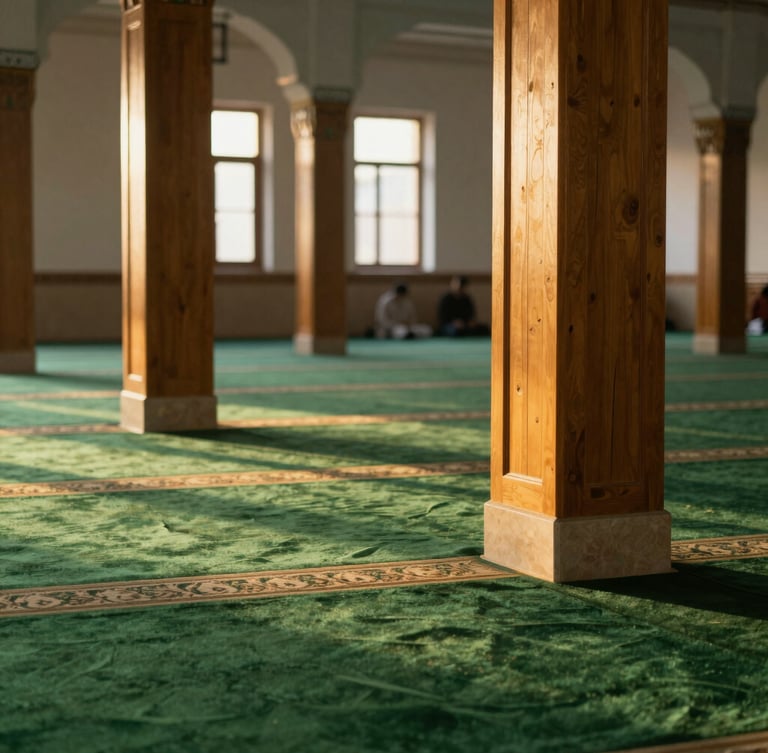 Warm interior of a mosque during a peaceful evening gathering, soft light illuminating wooden pillars and green carpets, editorial photography