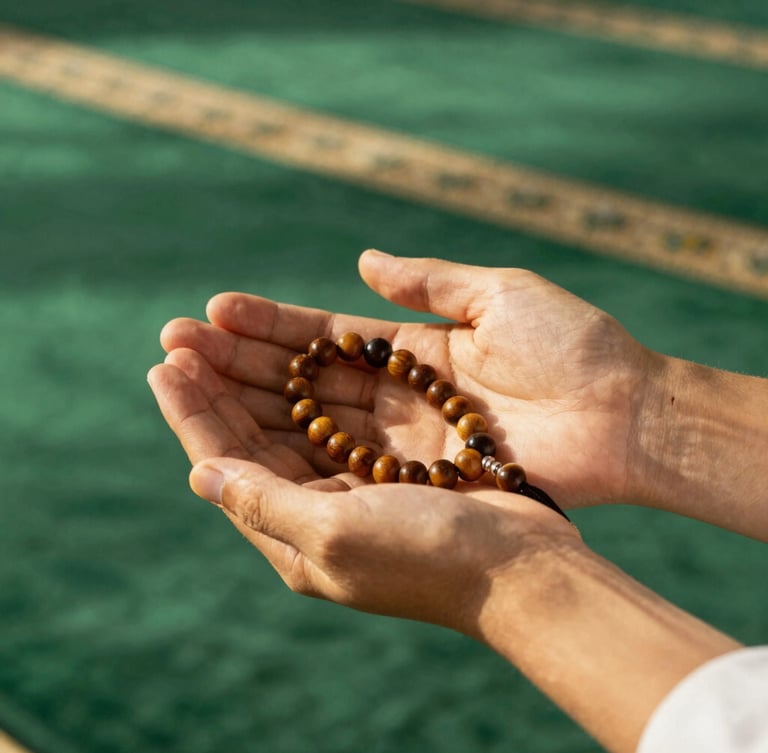 Close-up of clean hands holding a wooden prayer beads inside a sunlit mosque with green carpet, warm editorial photography style.
