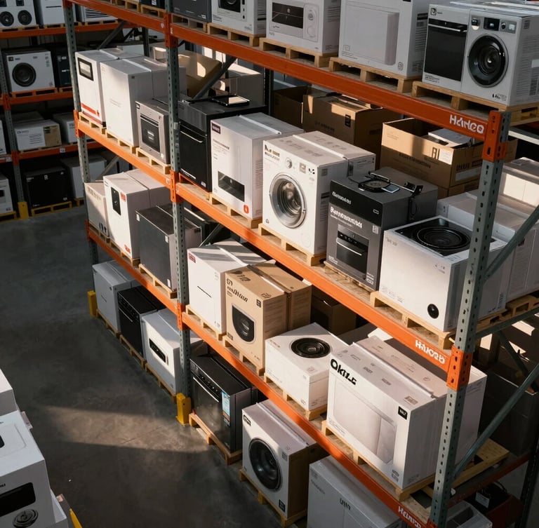 High-angle industrial warehouse showing neatly stacked, boxed consumer electronics and household goods on high-rack shelving, dramatic afternoon light casting long shadows