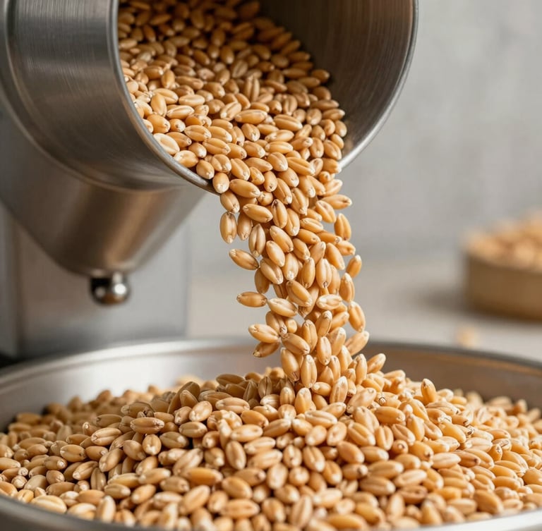 Close-up of golden wheat grains flowing through an industrial quality control funnel, high-contrast daylight, sharp focus on grain texture, concrete background