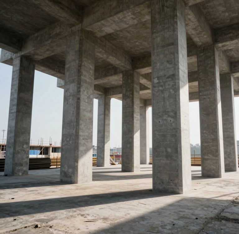 Wide-angle dramatic daylight shot of massive concrete pillars under construction, sharp shadows casting on concrete surfaces, industrial scale