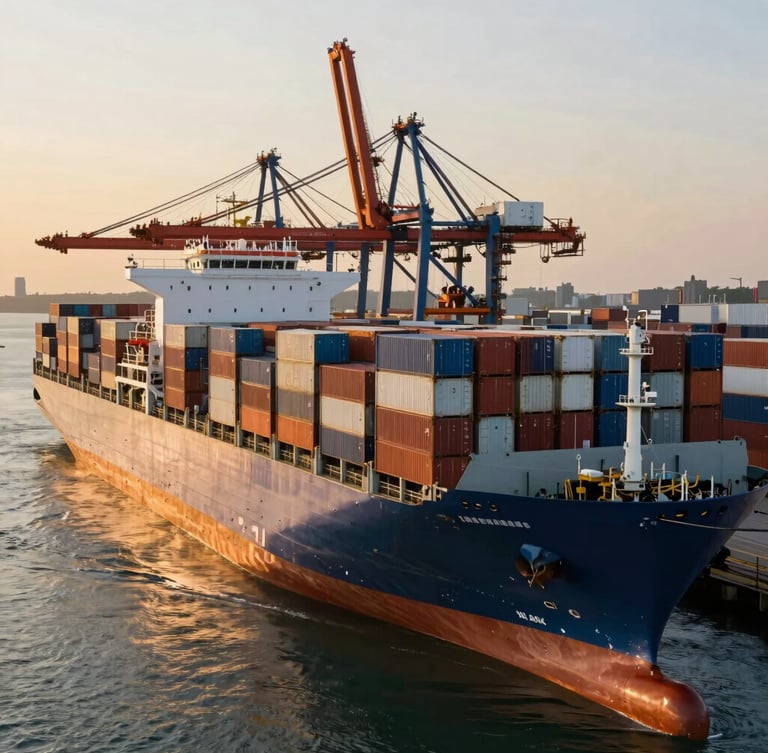 Massive container ship at port during dramatic golden hour daylight, high-angle environmental shot showing immense scale of global trade logistics.
