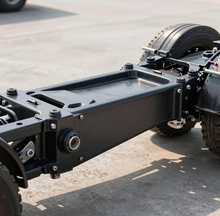 Macro close-up of heavy-duty truck chassis and steel suspension components, industrial concrete background, sharp daylight