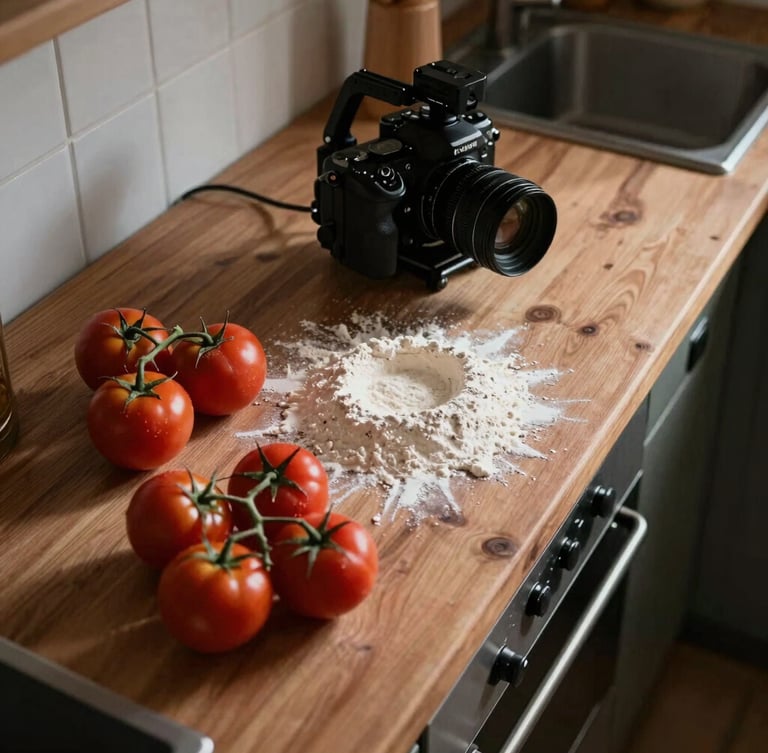 Overhead shot of a rustic wooden kitchen counter during morning prep. Soft Scandinavian daylight illuminates fresh tomatoes on the vine, a dusting of flour, and a camera rig positioned precisely above. Rich, deep shadows.
