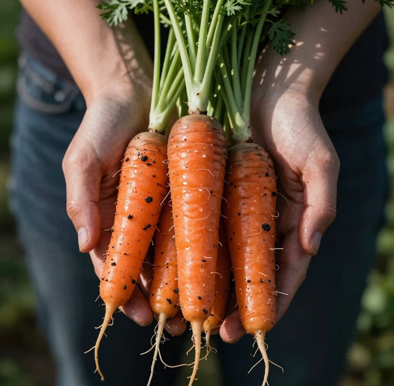 A close-up, high-contrast shot of hands holding freshly harvested heirloom carrots with damp soil clinging to the roots, soft Scandinavian morning daylight casting deep shadows.