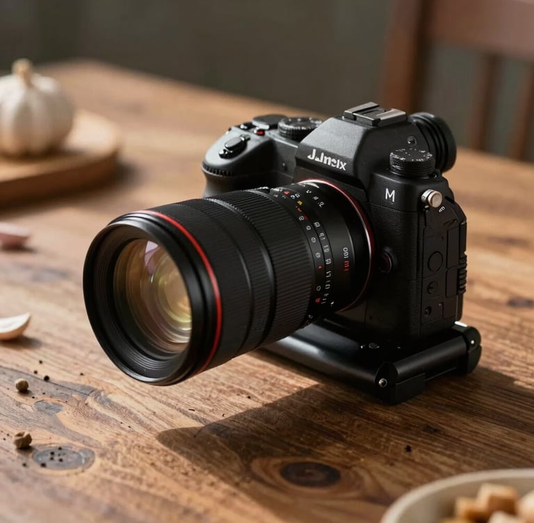 A professional camera rig with a macro lens positioned over a rustic wooden table, soft side lighting casting long shadows on raw ingredients