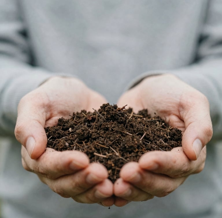 Extreme close-up of dark, rich organic soil held in hands, soft overcast daylight, muted earth tones, architectural macro framing, 35mm film.