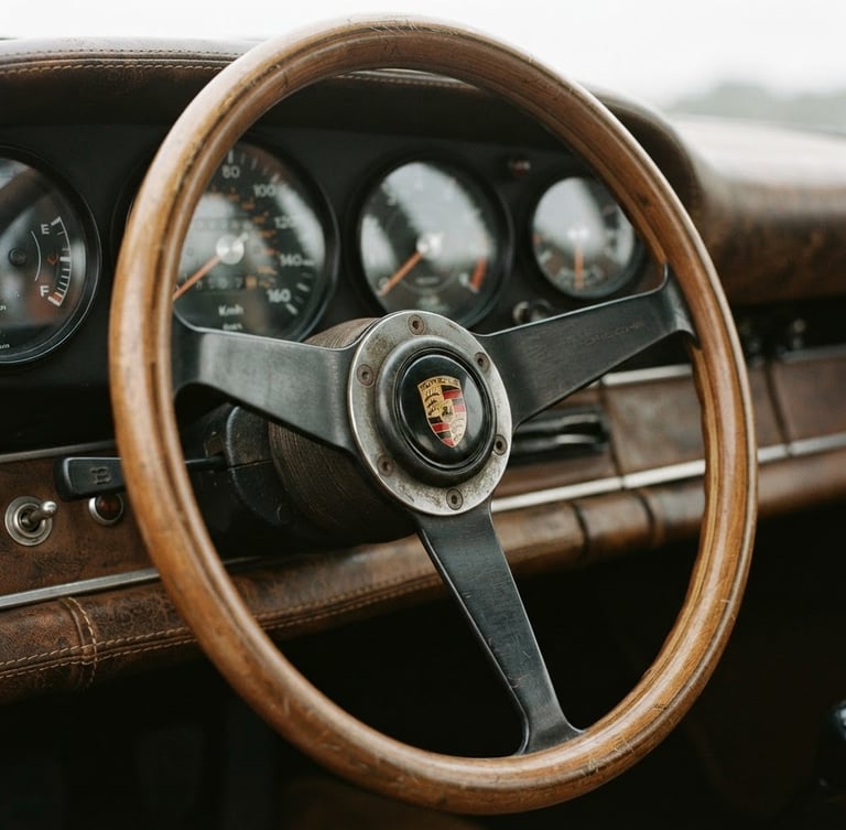 Extreme close-up of a vintage sports car steering wheel and textured leather dashboard, soft overcast daylight, editorial lifestyle photography, 35mm film.