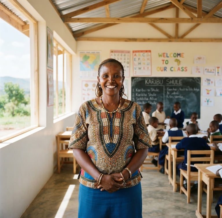 Bright natural environmental portrait of a local community leader standing in a sunlit, newly constructed modern classroom in East Africa, 35mm lens, optimistic clean tones