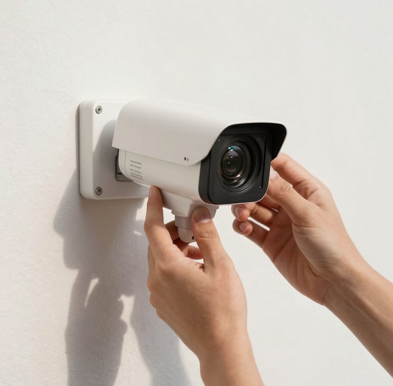 Primer plano de manos técnicas instalando una cámara de seguridad blanca en una pared exterior limpia, luz de día brillante, enfoque nítido en el lente.