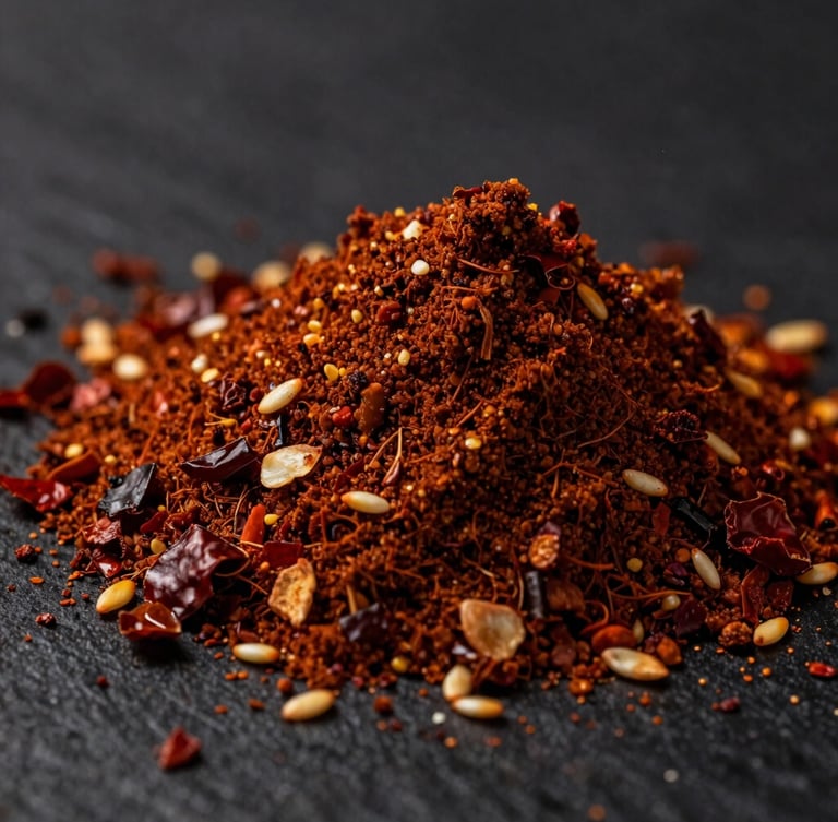 Macro shot of vibrant dry salsa macha powder, rich textures of toasted chili flakes, golden sesame seeds, and crispy garlic, dramatic low-key side lighting, deep charcoal-black background.