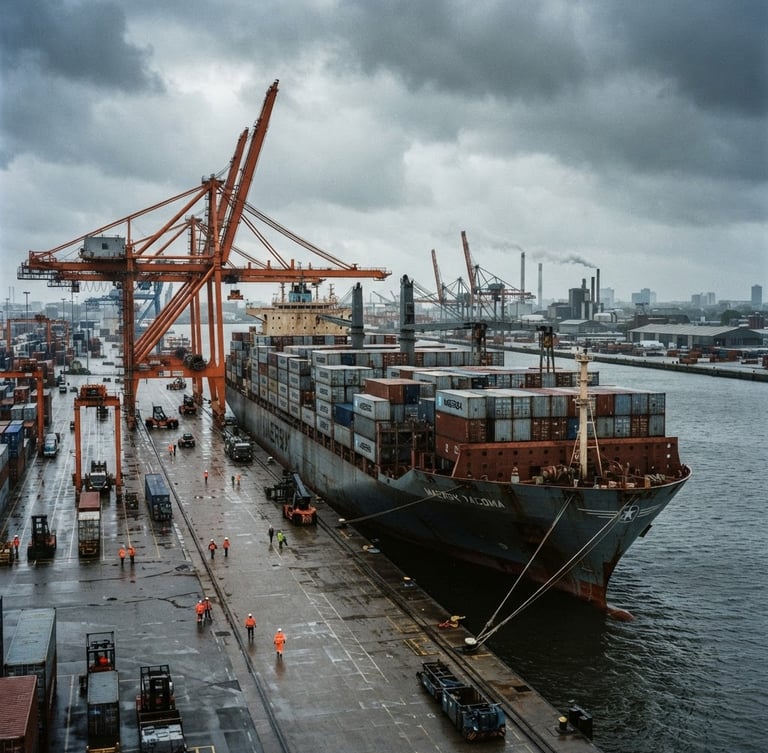Wide-angle environmental shot of a container ship docked at an industrial port under dramatic overcast daylight, desaturated steel tones with high-visibility orange accents, 35mm film grain