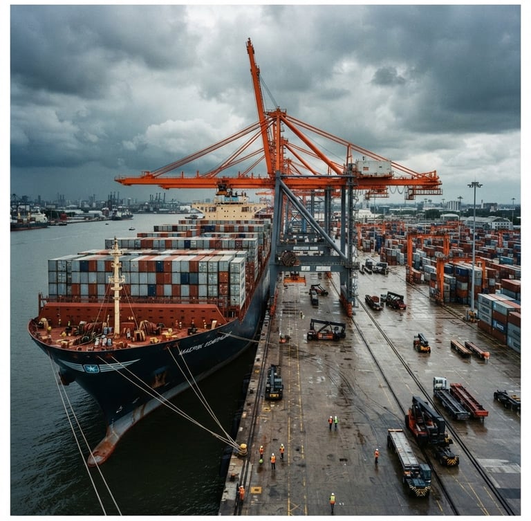 Wide-angle industrial shot of a massive container ship docked at a modern port, dramatic overcast sky, deep navy steel tones with high-visibility safety orange cranes in the background, 35mm film grain.