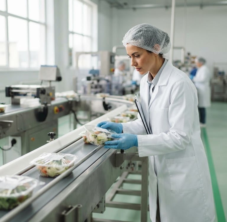 Professional quality inspector in clean white uniform and hairnet examining food packaging line, bright natural daylight, crisp focus, 35mm