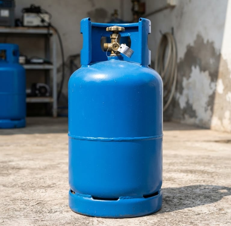 Straight-on eye-level shot of a clean, branded blue LPG cylinder with a sealed brass valve, bright natural daylight, high-contrast utility style