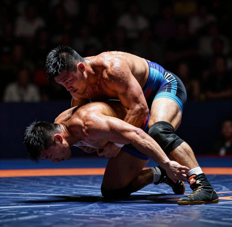 Tight dynamic action angle of a sweat-glistening wrestler mid-takedown under low-key spotlighting, deep shadows
