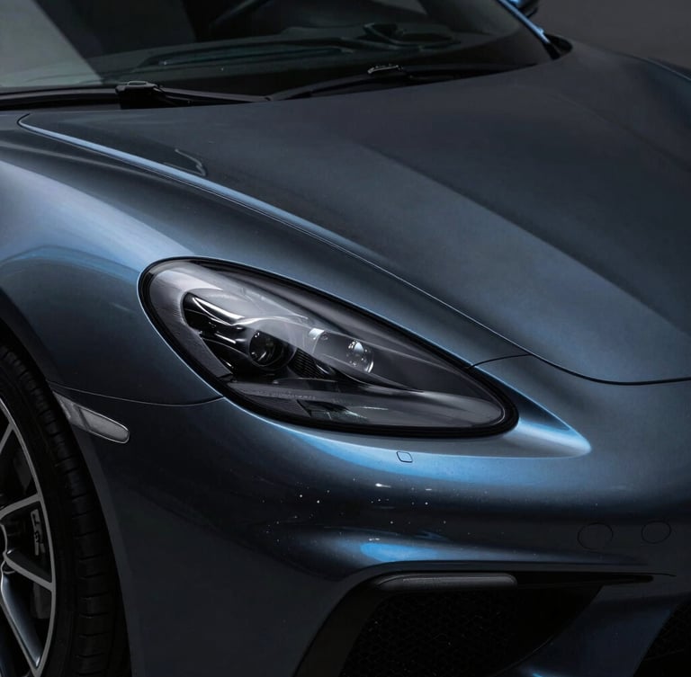 Dramatic low-key automotive photography, sharp linear metallic blue highlights tracing the contour of a pristine dark luxury sports car, ultra-sharp macro detail of paint reflection, 35mm
