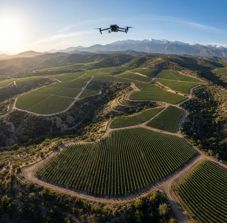 Extreme wide-angle aerial orthophoto of structured Chilean vineyards at sunrise, sharp topographic lines, DJI Mavic 3 Multispectral flying in the upper third, crisp morning light.