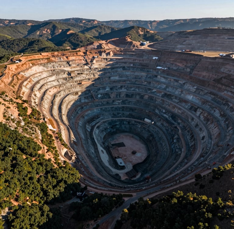 Extreme wide-angle aerial shot of a massive open-pit copper mine in northern Chile, dramatic morning light casting long shadows over terraces.