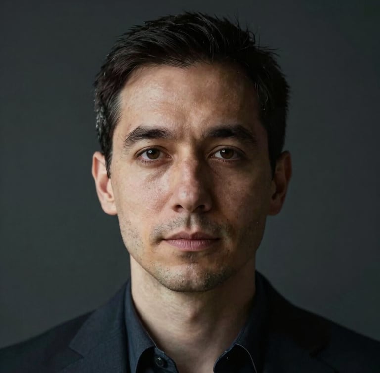 Close-up dramatic portrait of a male systems architect in soft natural side-light, dark minimalist background, high-contrast, professional and direct look, Space Grotesk vibe.