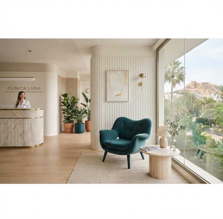 Interior de una clínica de medicina estética moderna y serena en Alicante, con luz natural difusa, tonos marfil y verde petróleo, una silla de diseño y plantas discretas, vista panorámica 21:9.