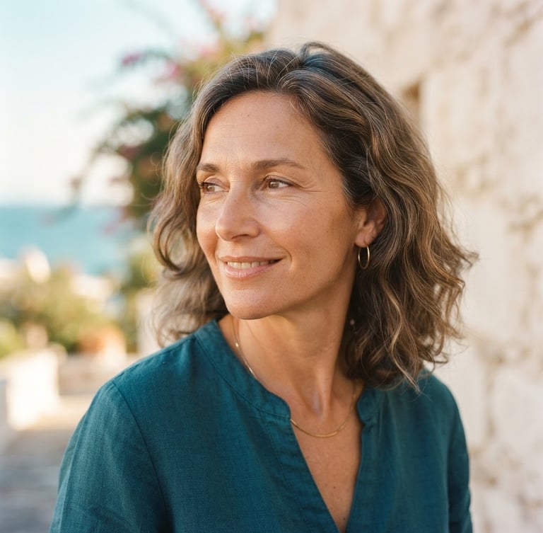 Close-up portrait of a serene woman in her late 40s, looking confidently to the side, with luminous, natural skin texture, soft smile. Bright Mediterranean daylight, soft ivory and deep teal tones, shallow depth of field, 35mm.