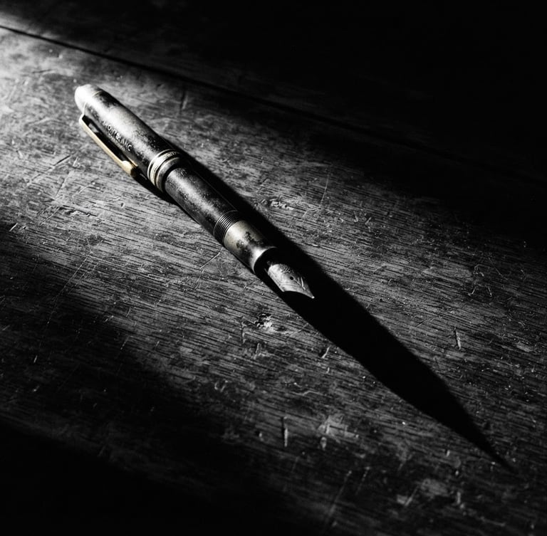 Stark high-contrast black and white photography of a single heavy vintage pen casting a long, sharp shadow on a dark textured desk, harsh single-source spotlight, deep chiaroscuro, 35mm film grain