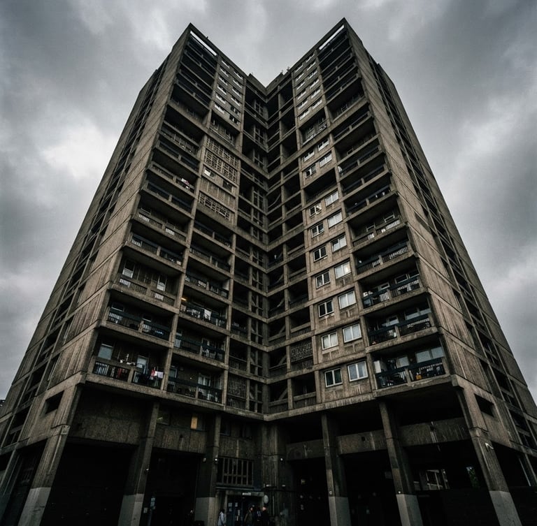 Low-angle shot looking up at a brutalist concrete building in East London, harsh overcast daylight, deep shadows, desaturated industrial tones, 35mm film