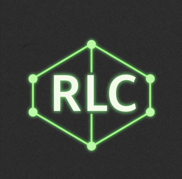 Crisp technical vector schematic of an RLC circuit, high-contrast slate background with glowing neon green lines, clean geometric isometric projection, portrait crop.