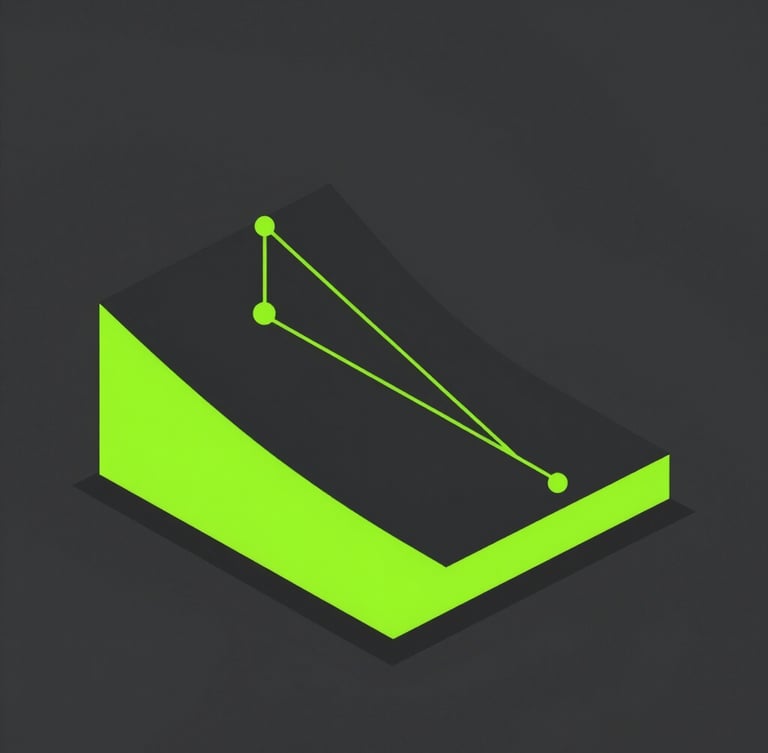 A crisp technical schematic of classical mechanics force vectors on an inclined plane, flat digital-backlit illumination, high-contrast slate and neon green, clean geometric lines, isometric.