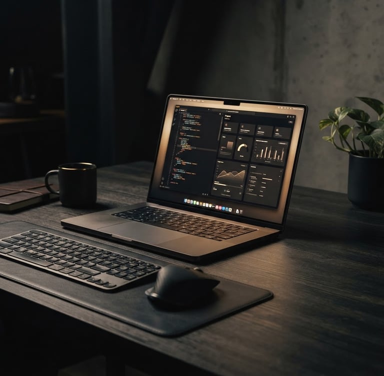 Sleek modern workspace setup, high-end aluminum hardware displaying a clean user interface, warm desaturated gold reflections on dark metallic surfaces, dramatic studio lighting, 35mm lens