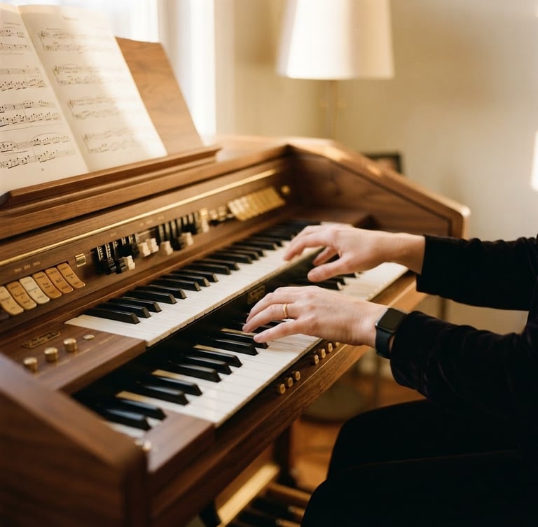 Elegant female hands playing a high-end electronic organ with polished walnut wood, warm golden-hour light illuminating the sheet music, shallow depth of field, 35mm