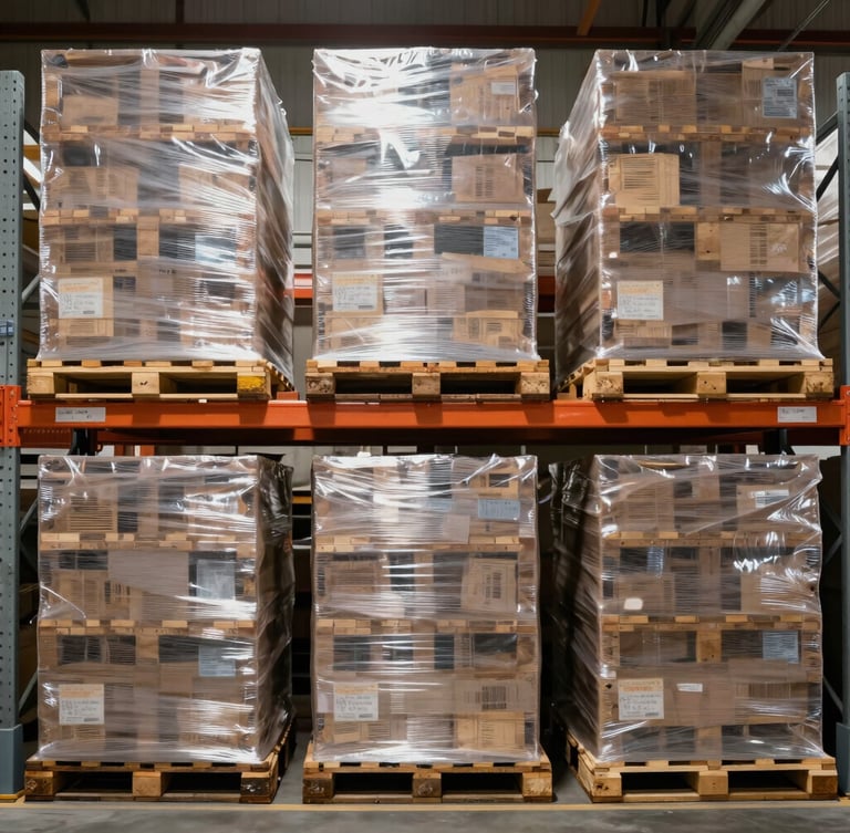 Straight-on architectural shot of neatly stacked, shrink-wrapped pallets on high-bay steel racking in a bright, clean modern UK warehouse distribution center.