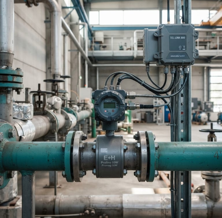 Medium-close shot of a telemetry-linked electromagnetic flowmeter mounted on industrial steel piping, bright natural daylight, cool slate and teal tones, sharp focus, technical engineering aesthetic