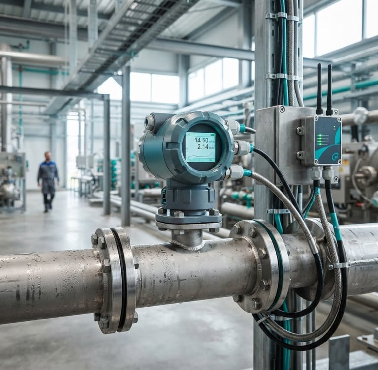 Industrial telemetry-linked electromagnetic flowmeter installed on a steel pipe inside a bright modern manufacturing facility, cool slate grey and technical teal tones, sharp focus.