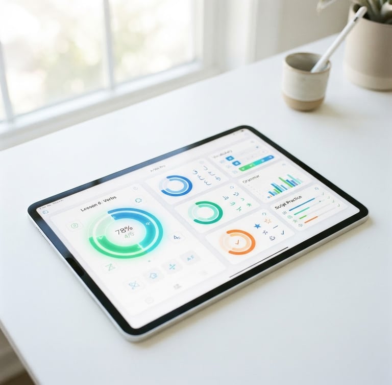 A high-key minimalist digital mockup of an iPad displaying an interactive Arabic study guide with clean green and blue progress indicators, bright natural light, 35mm
