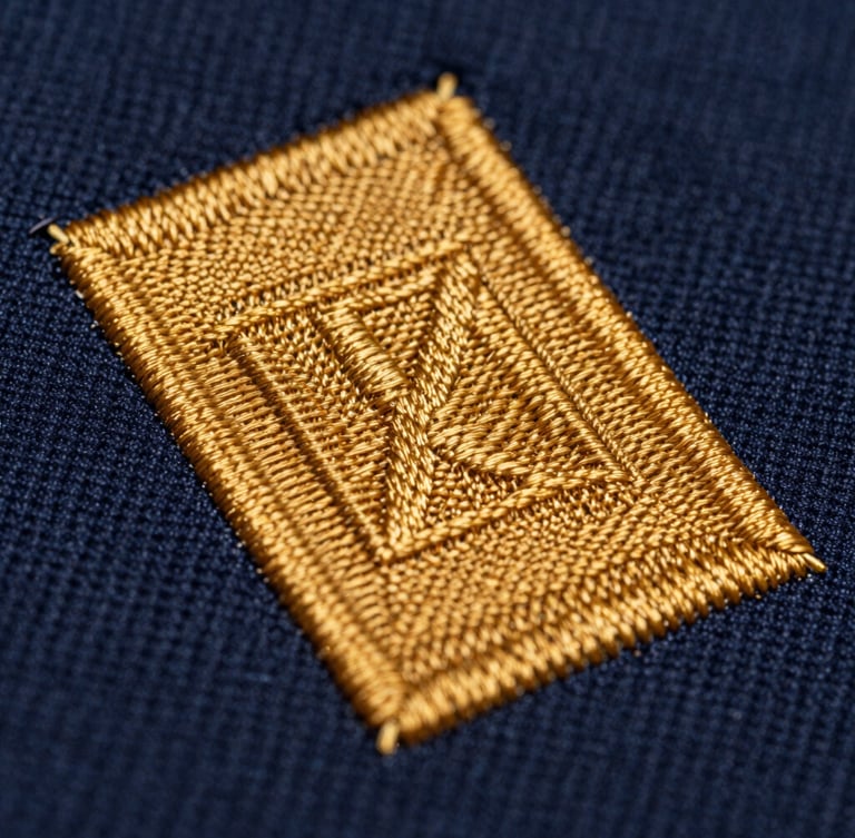 Macro extreme close-up of high-density embroidery stitch on deep navy corporate polo fabric, crisp golden-amber thread showing heavy texture and dimensional relief, bright clean studio lighting.